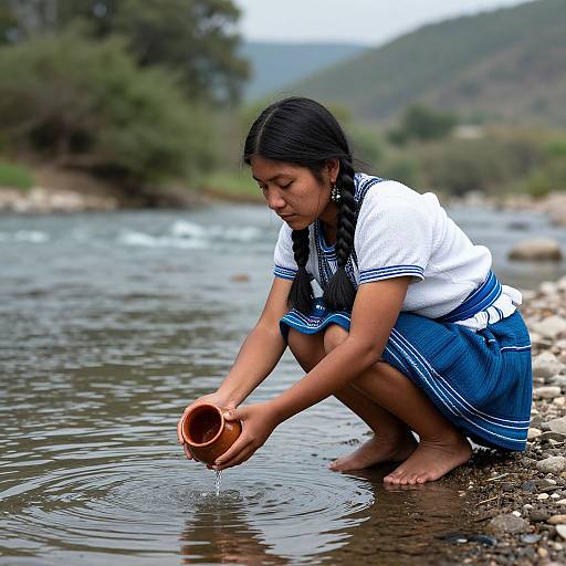 Young woman with braided hair, in traditional blue and white school uniform, squats by river, pouring water from clay pot.