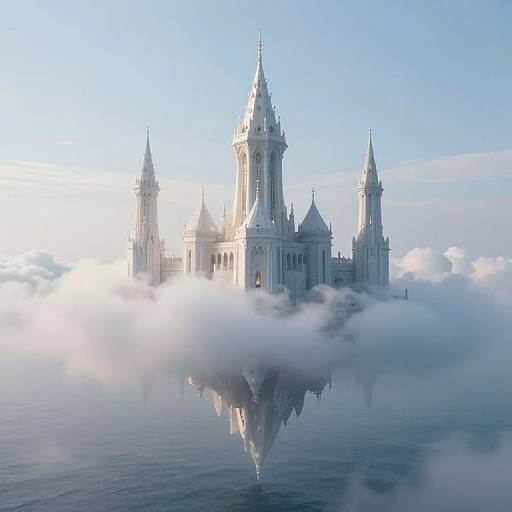 Fantastical, white castle with multiple spires floating on a sea of clouds, reflected in calm water, under a clear blue sky. CGI artwork
