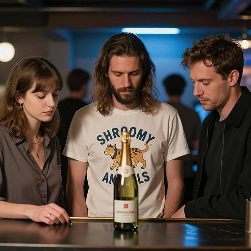 Three Adults at Bar with Sparkling Wine Bottle