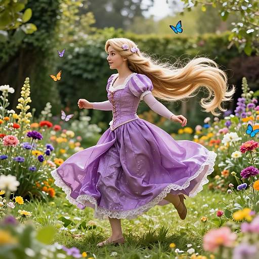 Digital painting of a blonde woman in a lavender princess dress, running through a vibrant, flower-filled garden with butterflies.