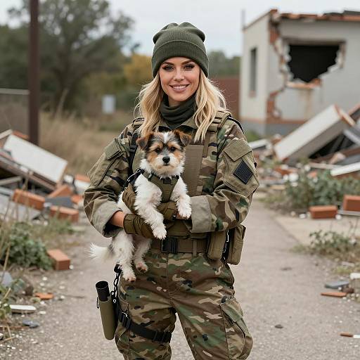 Joyful Soldier with Small Dog in Ruins