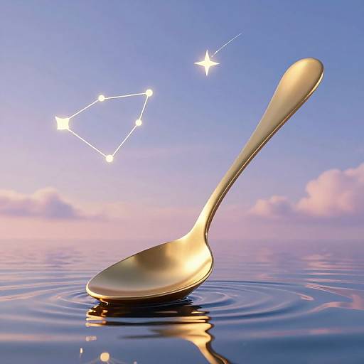 Golden spoon emerging from water, with a constellation of stars and a diamond-shaped pattern in a pastel twilight sky.