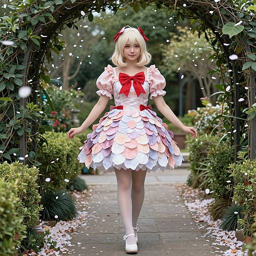 Blonde woman in pink and white scalloped dress with red bow, white shoes, red hairband, walking through flower-filled archway. Phot