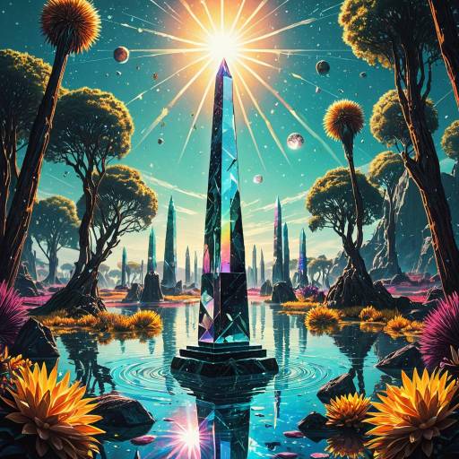 Futuristic Crystal Obelisk in Iridescent Lagoon