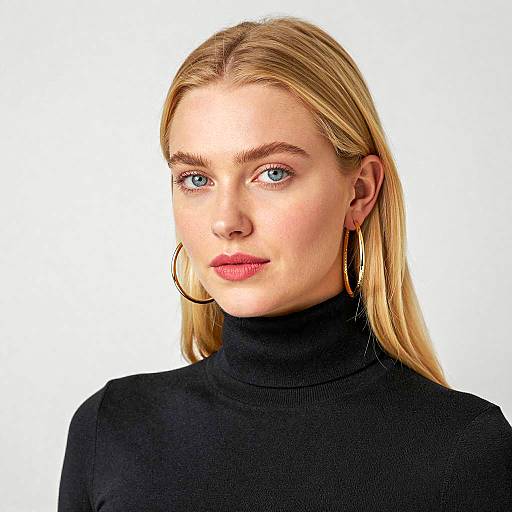 Blonde Woman in Black Turtleneck with Gold Hoop Earrings