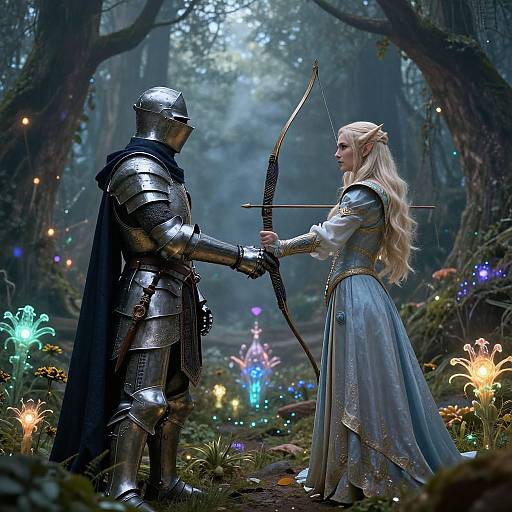 Photorealistic fantasy scene: armored knight with helmet and black cape faces blonde elf archer in ornate blue dress, surrounded by glowing forest flowers.
