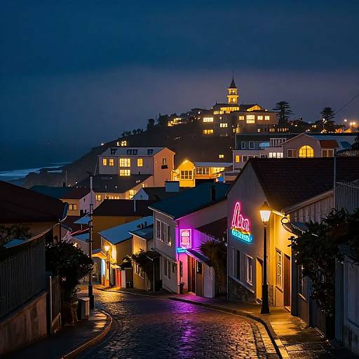 Nighttime photograph of a brightly lit, cobblestone street in a coastal town, with neon signs, illuminated buildings, and a hillside with glowing