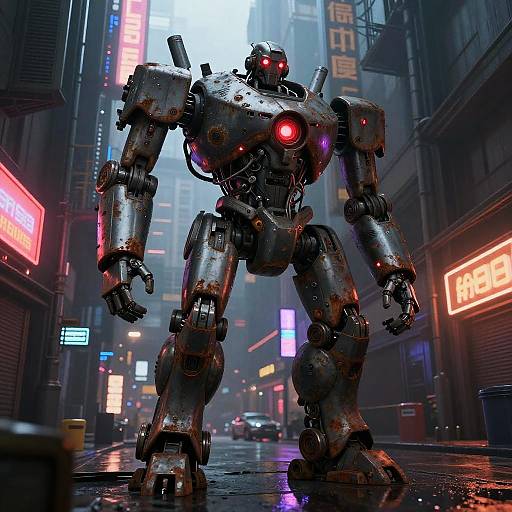 Rusty Cyberpunk Robot in Neon Alley