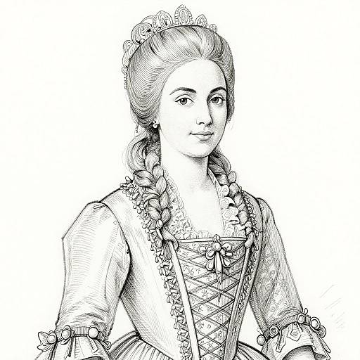 Black-and-white digital drawing of a young, elegant woman with powdered hair, lace crown, and detailed 18th-century dress with lace trim.
