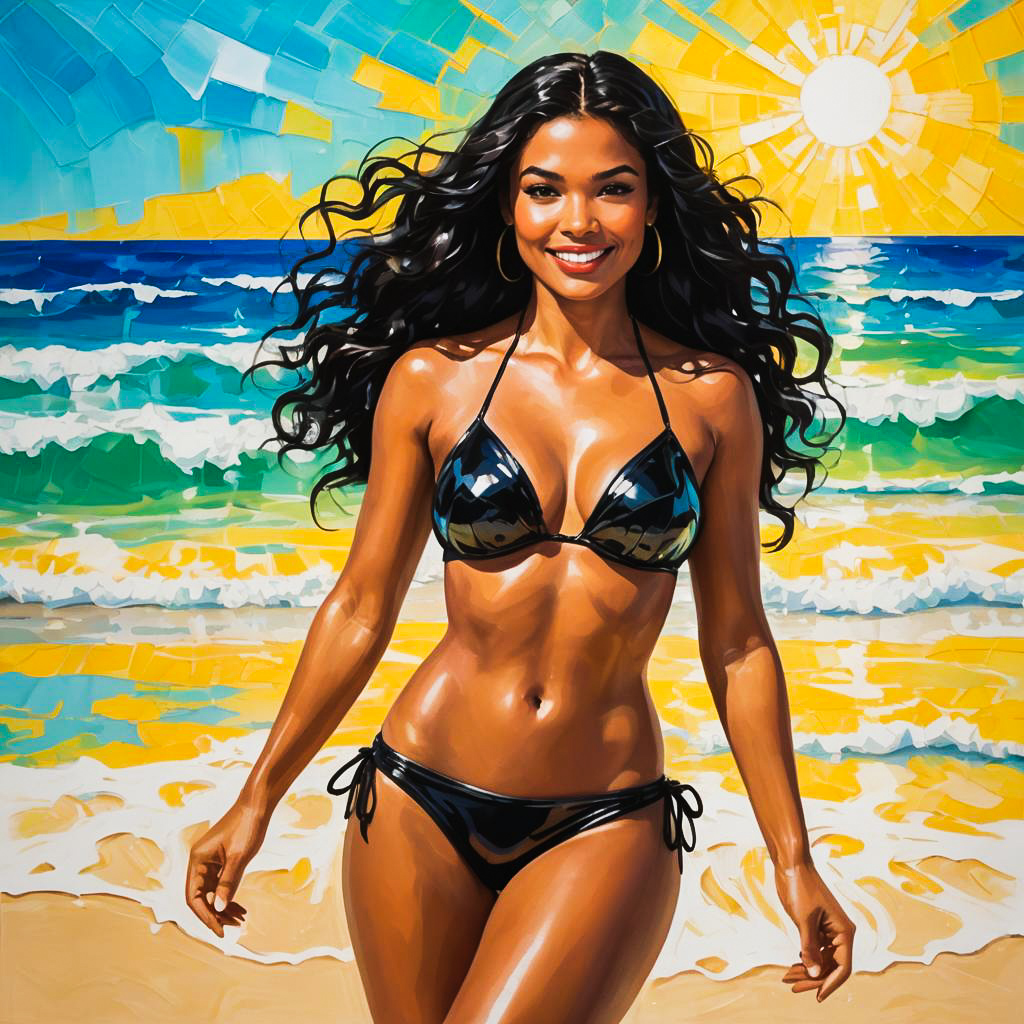 Vibrant Beach Scene with Smiling Model