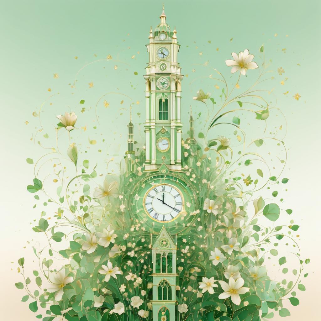 Surreal Clock Tower with Flowering Hands