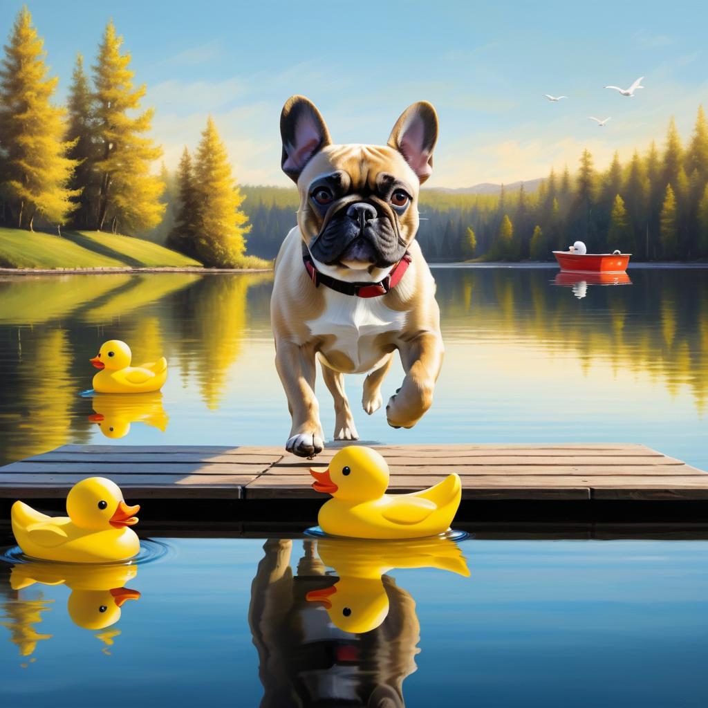 Surreal French Bulldog on Lake Dock