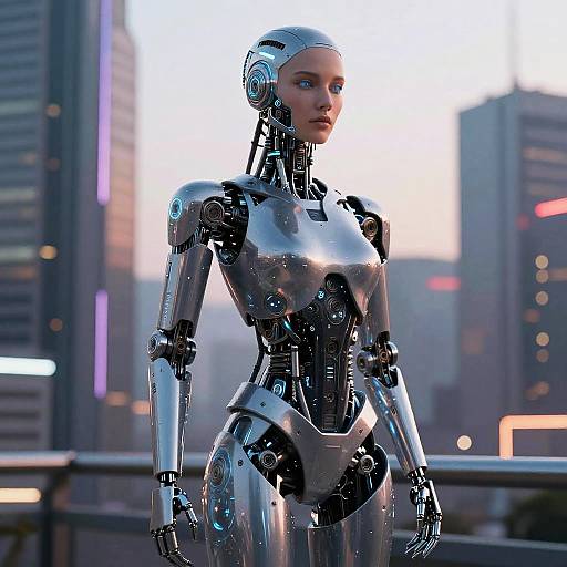 Futuristic Female Robot in Neon City