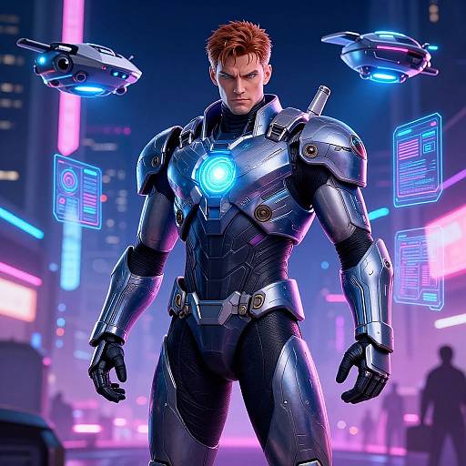 Digital art of a muscular man in futuristic, blue-lit, black armored suit with glowing chest and shoulder panels, standing in a neon-lit city