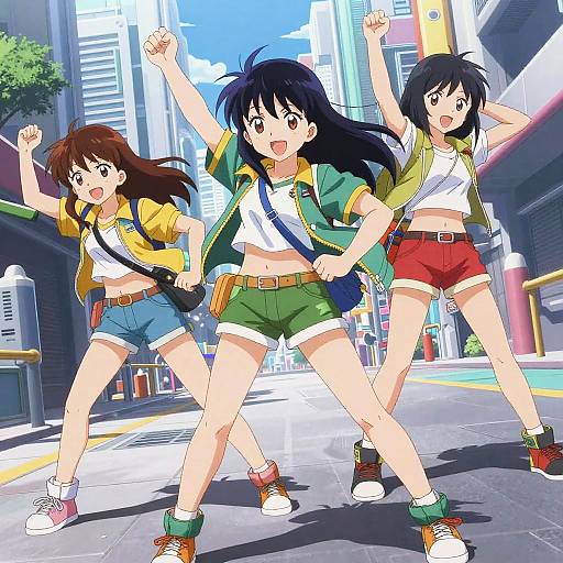 Anime-style digital illustration of three energetic girls in mid-run, wearing shorts, jackets, and sneakers, on a bright, urban street.