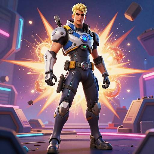 CGI image of a muscular, blond, blue-eyed man in futuristic black and silver armor, standing confidently with a bright explosion behind him in a neon