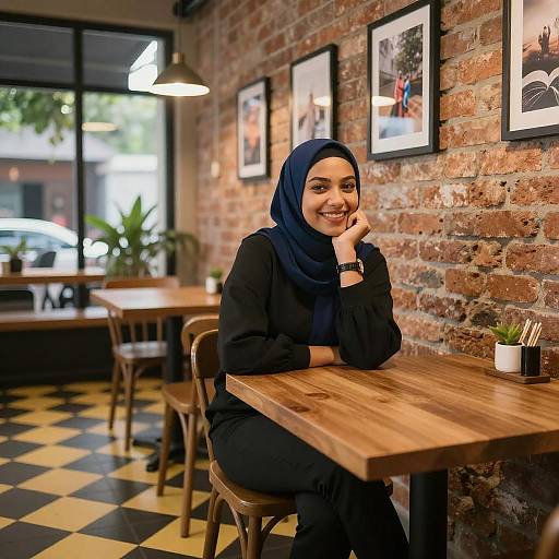 Smiling Woman in Cozy Brick Café