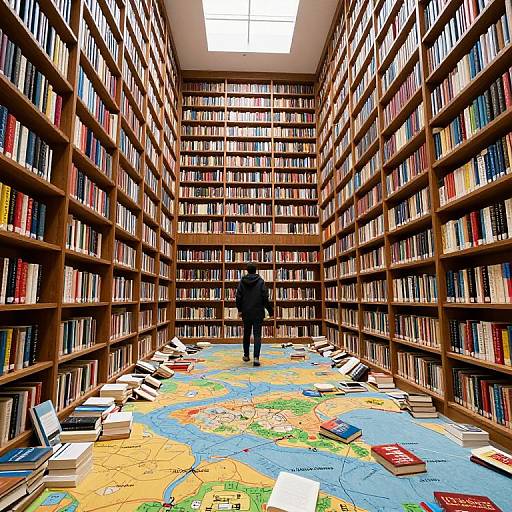 Solitary Figure in Towering Library