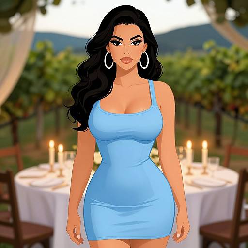 Digital illustration of a curvy woman with long black hair, wearing a tight light blue dress, large silver hoop earrings, standing in a candlelit outdoor
