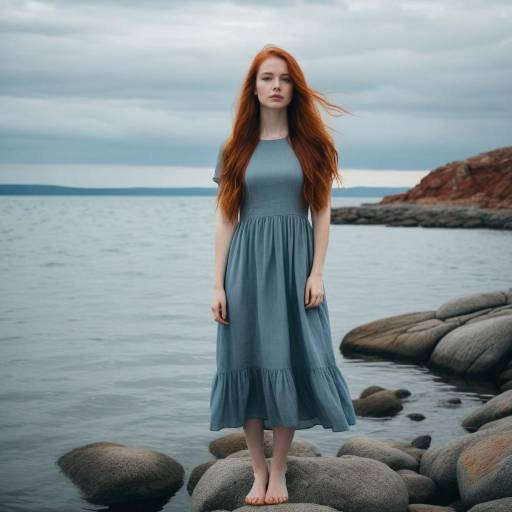 Redhead Woman Standing on Rocks by the Sea