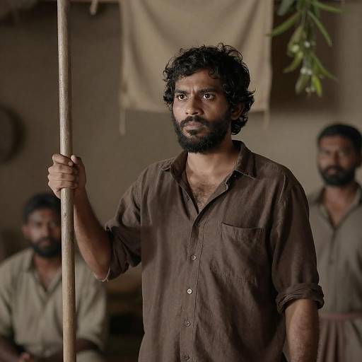 Man Holding Pole in Rustic Indoor Setting