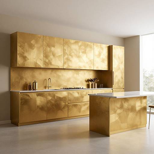Photograph of a modern kitchen with gold, textured, metallic cabinets and drawers, featuring a central island, stainless steel faucet, and minimalist silver kitchen utens