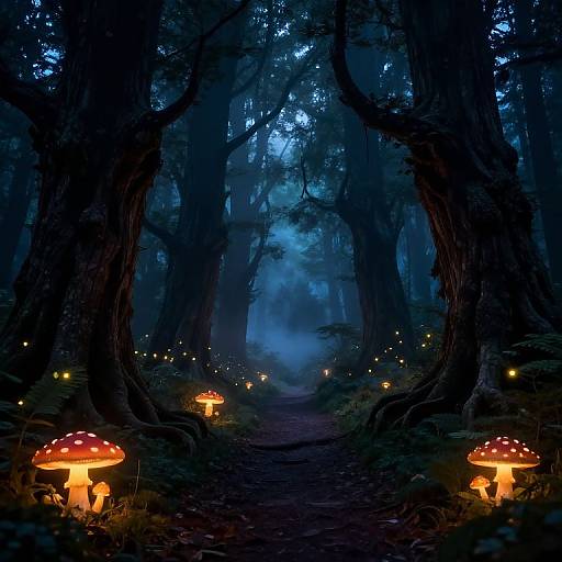 Enchanted forest at night, illuminated by glowing red mushrooms, fairy lights, and misty blue light; tall, dark trees frame the path.