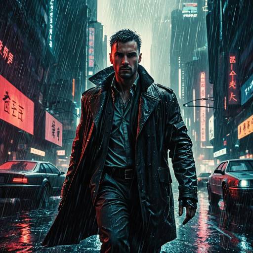 Cyberpunk Male Detective in Rainy Futuristic City