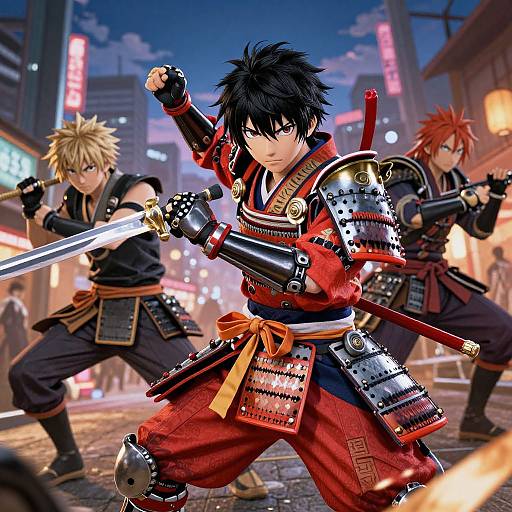Digital artwork of three samurai warriors in vibrant armor, wielding swords in a neon-lit, bustling city street at night.
