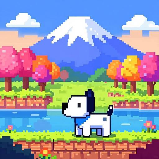 Pixel art of a white dog with a black patch, standing by a blue river, with colorful trees and a blue mountain in the background. Bright,