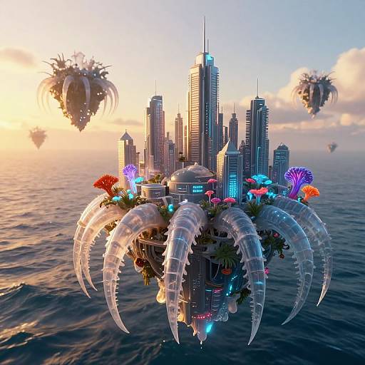 Digital artwork of a futuristic cityscape floating on water, surrounded by large, segmented spider legs and colorful alien flora, under a sunset sky with floating islands