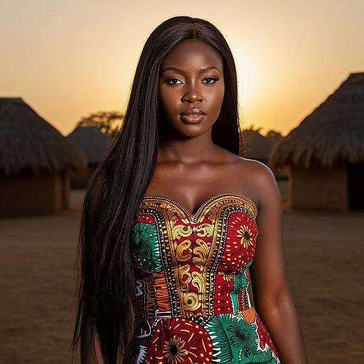 Photograph of a beautiful, dark-skinned woman with long black hair, wearing a colorful, intricately patterned, strapless dress, standing in