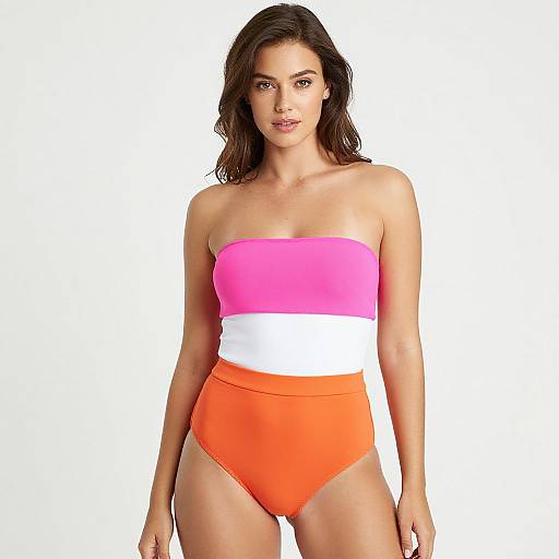 Photograph of a woman with medium-length brown hair, wearing a strapless, three-color one-piece swimsuit (pink, white, orange) against