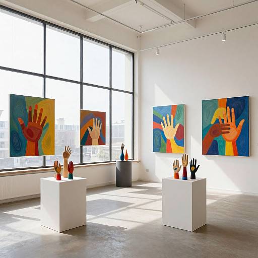 Bright modern art gallery with large windows; four colorful paintings of hands on white walls, three white pedestals with hand sculptures.