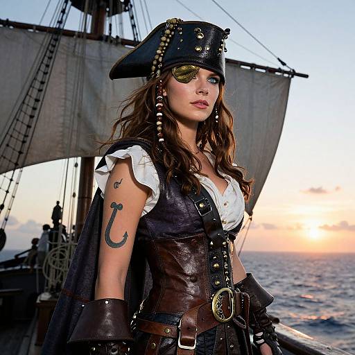 Photograph of a pirate woman with long brown hair, eyepatch, black tricorn hat, white blouse, brown leather vest, and tattoo,