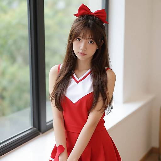 Photograph of an Asian woman with long brown hair, wearing a red and white cheerleader outfit with a large red bow, standing by a sunlit