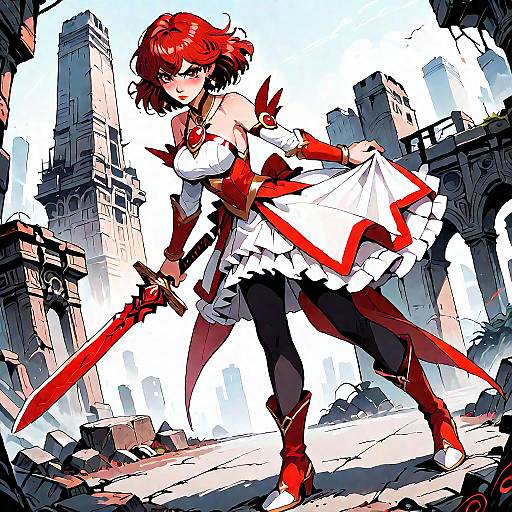 Digital anime-style illustration of a red-haired woman with red eyes, wearing a white and red dress, holding a large red sword, standing in a ruined