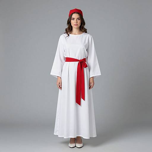 Photograph of a woman with long dark hair, wearing a white dress, red headband, and red belt, standing against a gray background.