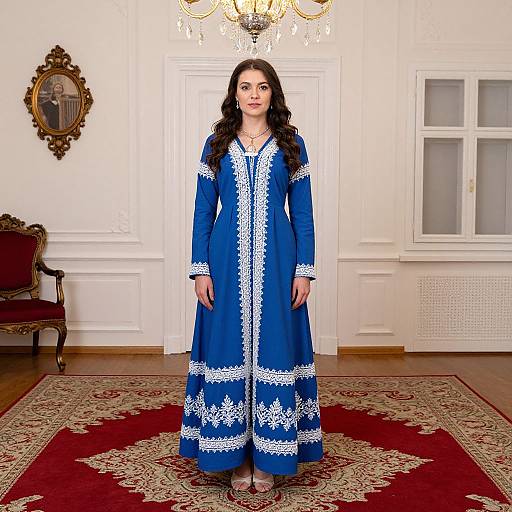 Photograph of a woman with long dark hair, wearing a blue and white embroidered traditional dress, standing in a white-walled room with a red carpet