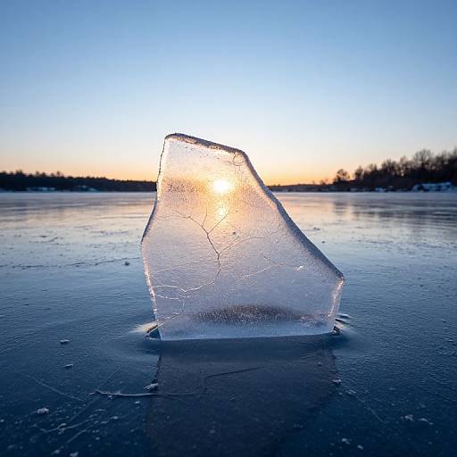 Photograph of a cracked, transparent ice shard on a frozen lake at sunset, with a gradient blue-to-orange sky and distant tree line.
