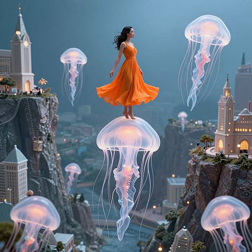 Photograph of a woman in an orange dress floating on a jellyfish above a futuristic cityscape with illuminated skyscrapers.