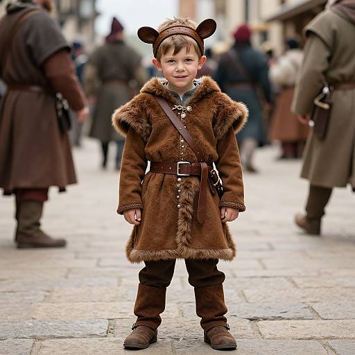 Photograph of a young boy in medieval costume with brown fur coat, mouse ears headband, standing on cobblestone street, blurred crowd background.