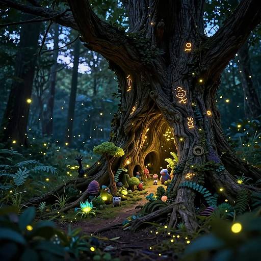 Enchanting forest scene: glowing fairy lights adorn a massive, hollow tree with mushrooms and small creatures inside, surrounded by twinkling fireflies. Digital