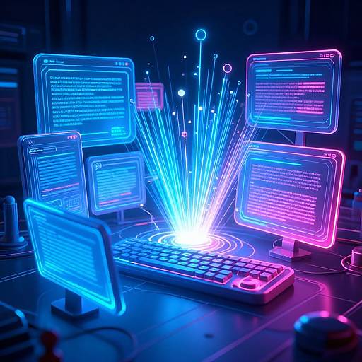 Neon-lit CGI of glowing blue and pink computer monitors emitting bright light beams from a central keyboard, creating a futuristic, cyberpunk aesthetic.