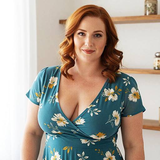 Photograph of a fair-skinned, red-haired woman with curly hair, wearing a blue floral dress with deep V-neck, standing indoors against a white
