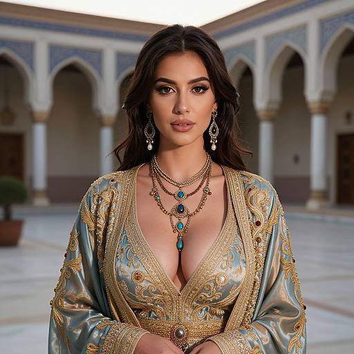 Photorealistic digital portrait of a beautiful woman with dark hair, olive skin, and large breasts, wearing an ornate, gold-embroidered