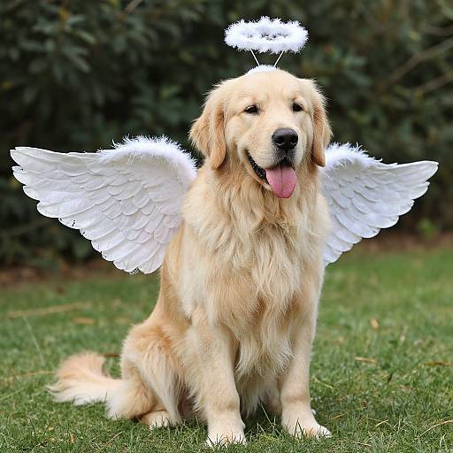 Golden retriever with white angel wings and halo, sitting on green grass, tongue out, in front of dark green bushes. Photographic image.