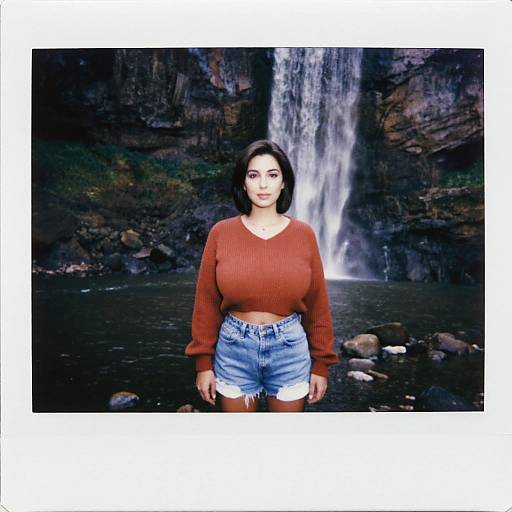 Photograph of a young woman with fair skin, dark bob haircut, large breasts, wearing a red sweater and high-waisted denim shorts, standing