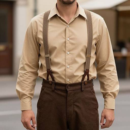 Photograph of a man with a trimmed beard, wearing a beige button-up shirt, dark brown suspenders, and high-waisted brown pants,