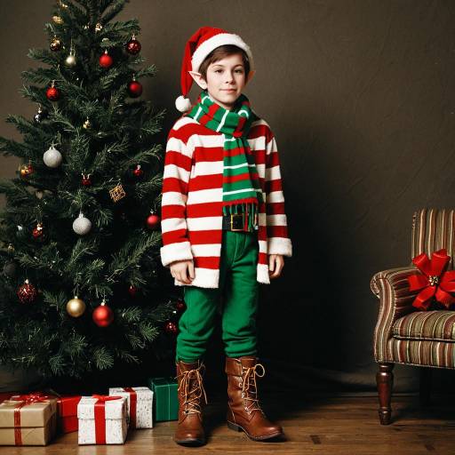 Boy in Elf Costume Standing by Christmas Tree